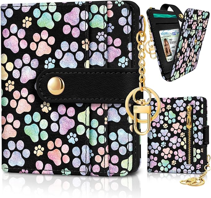 Jogjam Dog Paw Rfid Women Wallet, Small Slim Thin Credit Card Wallet, PU Leather Bifold Cash Zipper Coin Pocket ID Window for Female Ladies Teen Girls Girly