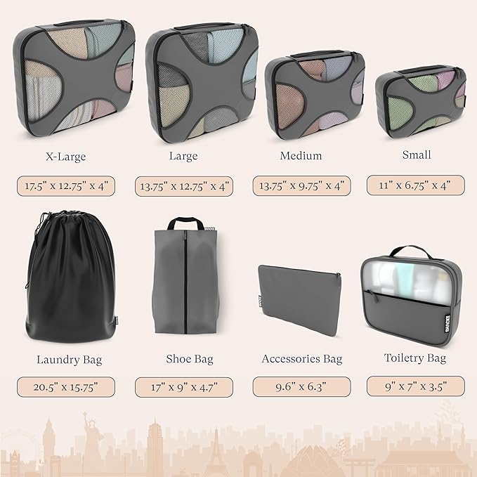 Shacke Packing Cubes for Travel 8 Set - Compression Luggage Organizer Bags - Versatile Travel Organizer for Women and Men - Optimized Packing Bags - Travel Essentials (Dark Grey)