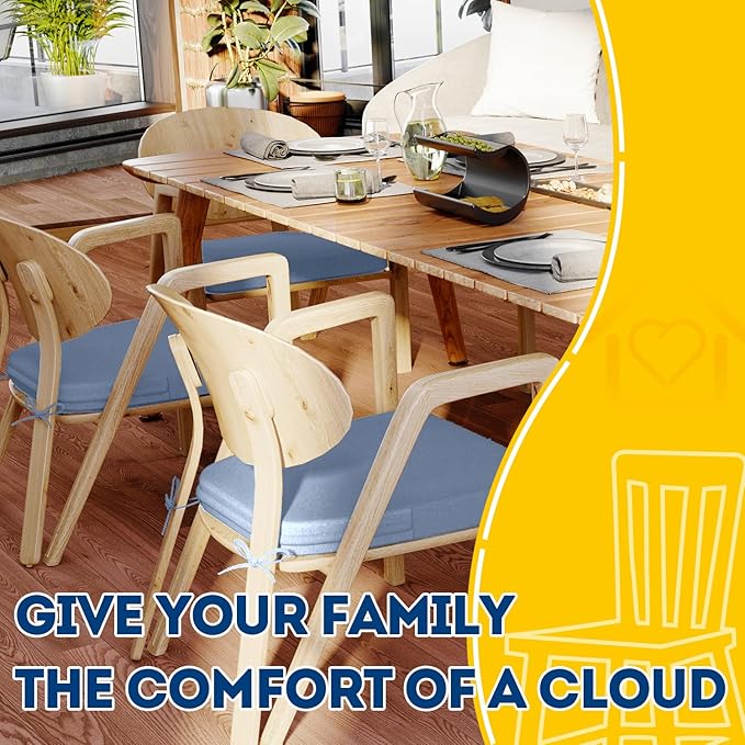 AAAAAcessories D-Shaped Chair Cushions, 2" Thick Dining Chair Pads with Ties and Removable, Machine-Washable Cover, 17" x 16", Set of 6, Light Blue