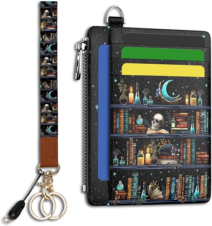 Hancynir Goth Book Skull Cat Slim Wallet Women Credit Card Holder, Gothic Funny Small RFID Blocking Front Pocket Wallet Wristlet Keychain Lanyard, Cute Mini Card Case Thin Zipper Coin PU Leather Gifts