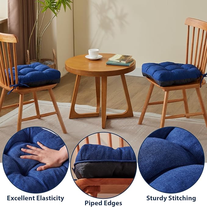 Chair Cushions for Dining Chairs, Seat Cushions for Kitchen Chairs, Indoor Seat Cushions with Ties, Tufted Foam Chair Pads, Non Slip Chair Cushions Set of 4, 15.5" x 15.5" x 4", Navy Blue