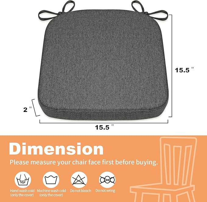 SINOSSO Memory Foam Chair Cushions for Folding Chairs 4 Pack, Thickened 2" Square Pads with Ties for Kitchen Chairs, Indoor Non-Slip Dining Chair Seat Cushions (4 Pcs, Dark Gray)