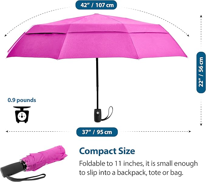 Windproof Compact Umbrella for Rain - 42” Travel Umbrella, Portable, Strong, Collapsible to 11”, Automatic Open Close Button, Vented Double Canopy with Fiberglass/Steel Frame, Wind Resistance to 55MPH