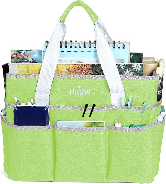 JJRING Craft Organizer Tote Bag, Large Art Storage Caddy with Multiple Pockets, Cyan Sewing Bag for Art, Craft, Scrapbooking, School, Medical, and Office Supplies Storage