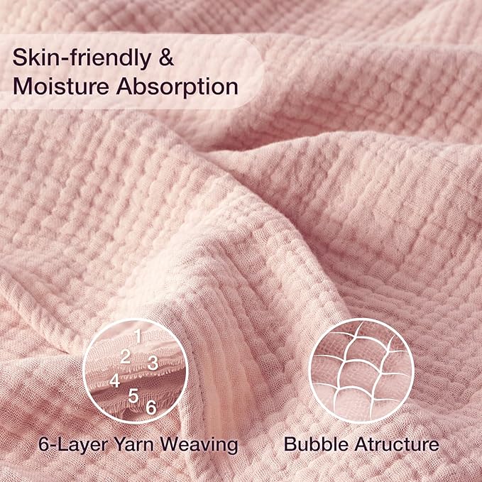 100% Cotton Muslin Blanket Queen 90" x 90", 6 Layers Breathable and Lightweight Cotton Throw Blankets for Bed, Soft Cooling Summer Gauze Blanket for Adults All Season, Dusty Rose‌