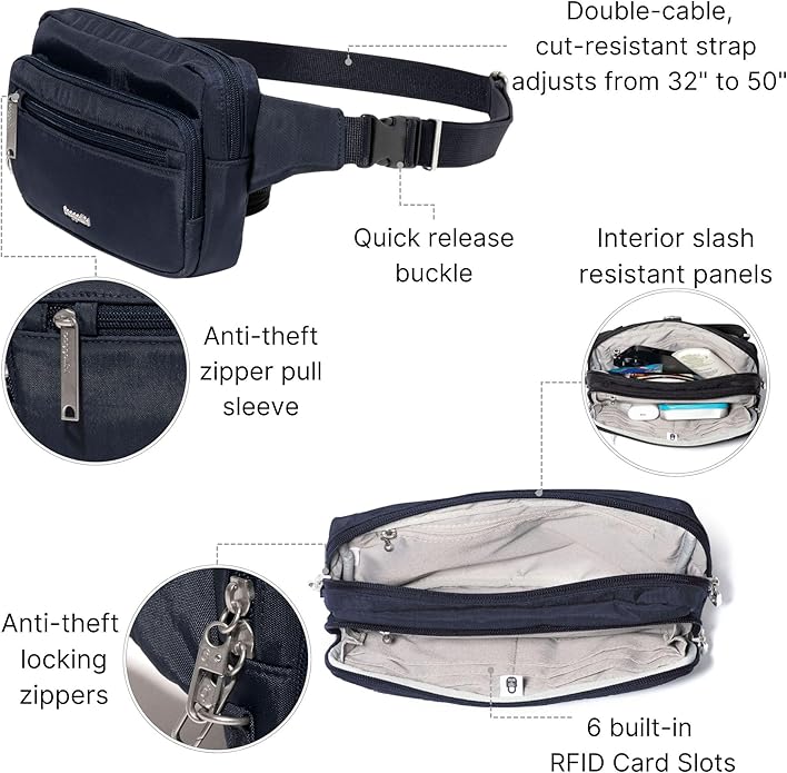 Baggallini Securtex Anti-theft Belt Bag 8.8"x5.5" Crossbody Fanny Pack for Women RFID Wallet Locking Zipper Travel Purse