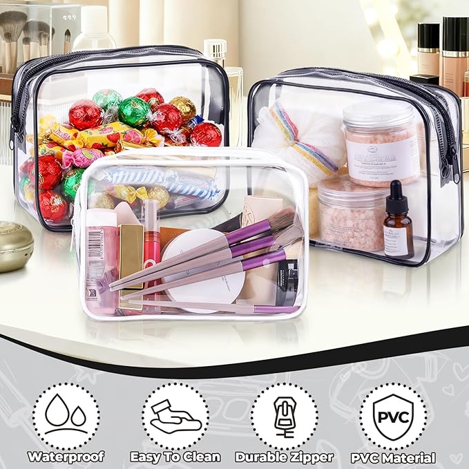 6 Pieces Clear Makeup Bags Bulk TSA Approved Toiletry Bag for Travel PVC Waterproof Clear Cosmetic Pouch with Zipper for Men and Women Carry-on Travel Essentials (Black)