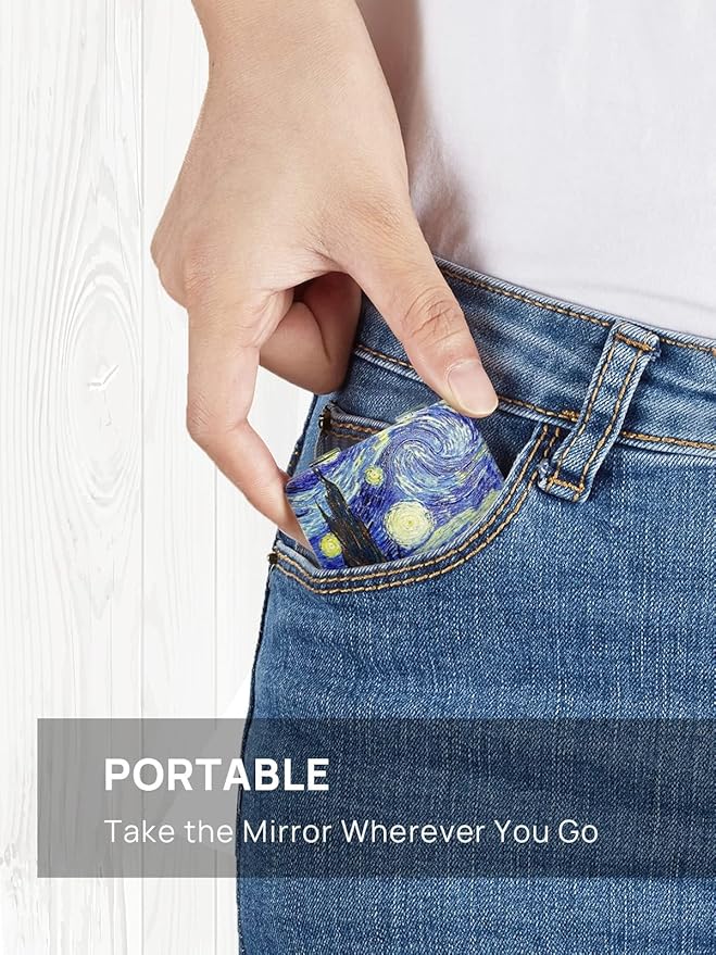 OMIRO 1X/3X Magnifying Mirror, Unique Painting Compact Mirror with Classical PU Leather (Starry Night)