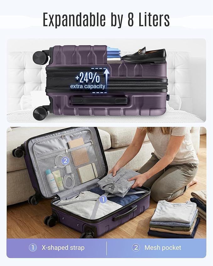 LIGHT FLIGHT Carry On Luggage 22x14x9 Airline Approved, Expandable Carry On Suitcases with Wheels, Lightweight Luggage, Durable Hard Shell 20 Inch Rolling Suit Case for Men Women Travel, Lilac Purple