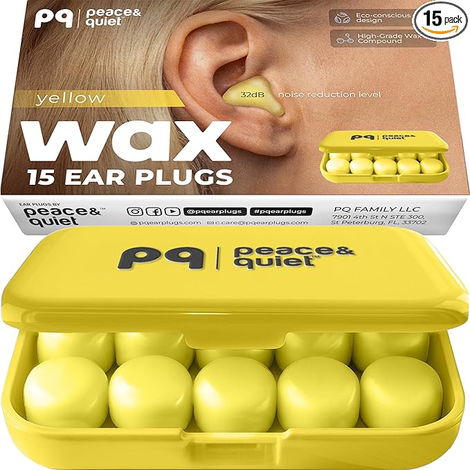 Peace&Quiet | PQ Wax Ear Plugs for Sleeping, Swimming - Soft Noise Cancelling Silicone Gel Wax Earplugs for Sleep and Swimmers, Ear Protection with Sound Blocking Level of 32 Db, Yellow