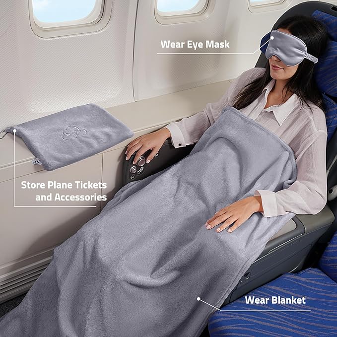 Travel Blanket, Airplane Blanket, Ultra-Soft, Warm & Lightweight, 65x40 in, Outdoor Blanket Essentials for Women, Men & Kids, Included Eye Mask, Luggage Sleeve & Backpack Clip Grey