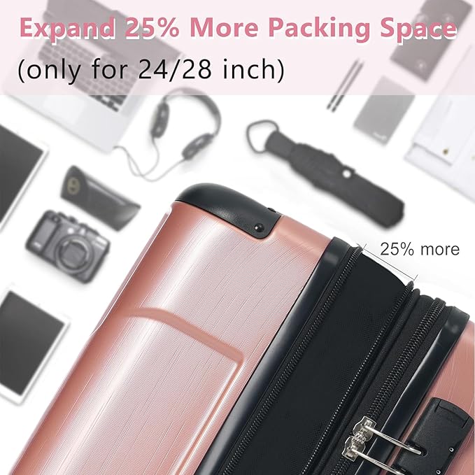 28 Inch Checked-Large Luggage, Lightweight ABS Hard Shell Suitcase with Spinner Wheels, Expandable Travel Luggage with Combination Lock & Side Hooks for Men Women (Rose Pink, 28)