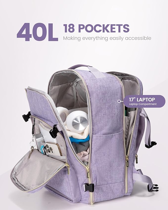 LOVEVOOK Travel Backpack for Women & Men 40L,Airline Approved Carry On Backpack Travel Essentials,TSA Carry on Luggage,Waterproof Personal Item Travel Bag,Suitcase with 3 Packing Cubes,Taro Purple