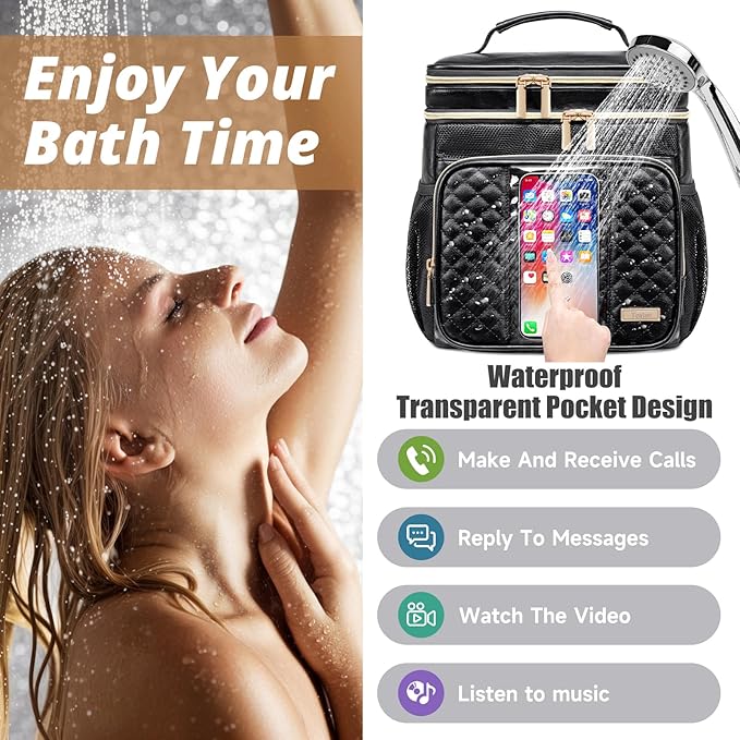 Large Leather Toiletry Bag for Women Men,Bathroom Bag,Water Resistant Shower Bag,Makeup Bag,Portable Shower Caddy for College Dorm,Hanging Travel Toiletry Bag with Transparent Waterproof Phone Pocket
