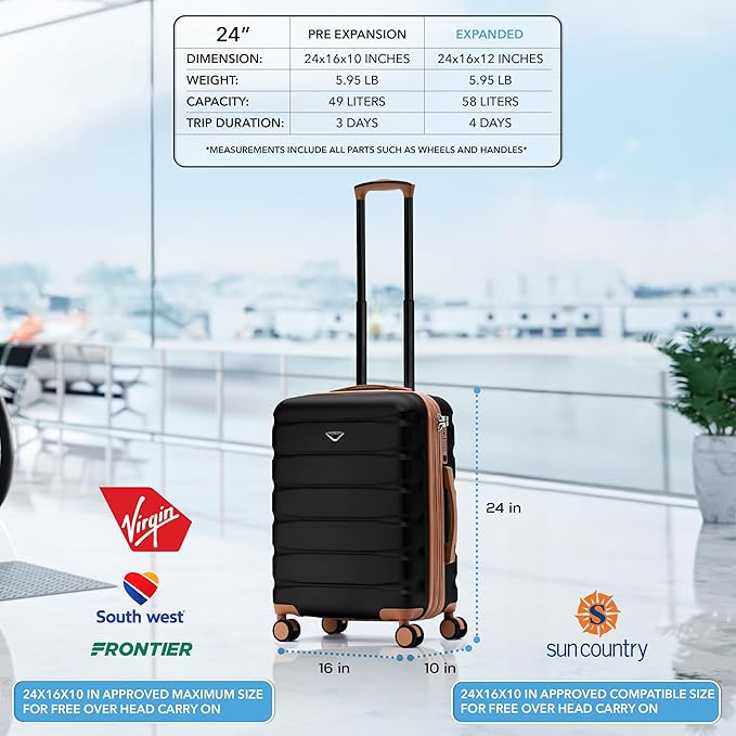 Flight Knight 24x16x10 Expandable Carry On Suitcase Hardside TSA Lock USB C Lightweight Luggage Silent Double Spinner Wheels Maximum Overhead Carry-On Bag For Virgin South West Approved Black/Tan
