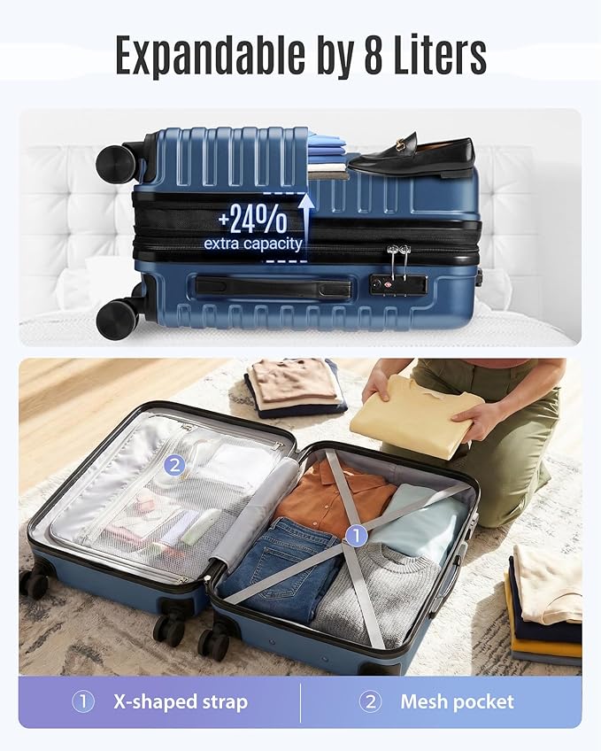 LIGHT FLIGHT Expandable Carry On Luggage 22x14x9 Airline Approved with Double Spinner Wheels, 20 Inch Lightweight Hard Shell Rolling Suitcases with TSA Lock, Blue