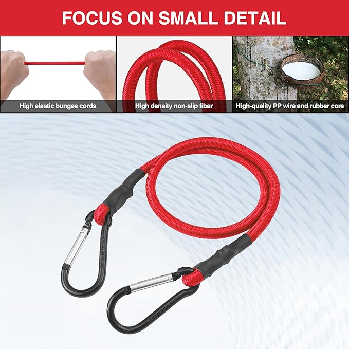WORKPRO 24 Inch Bungee Cords with Hooks, 4 Pack Superior Rubber Heavy Duty Bungee Straps Strong Elastic Rope for Outdoor Tent, Luggage Rack, Camping, Cargo, RV, Bike, Transporting, Storage, Red