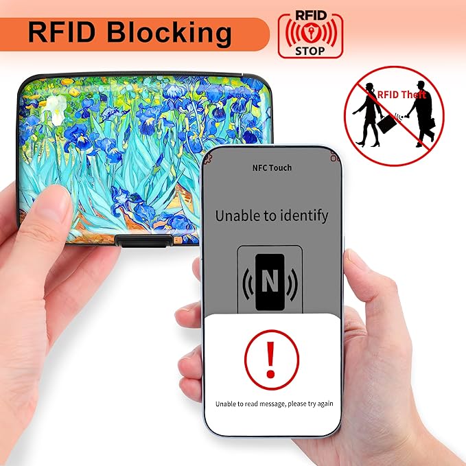 Mayski Credit Card Holder, RFID Blocking, Aluminum Alloy Hard Case, Small Mini Business Metal Wallet for Women Men, Floral Art