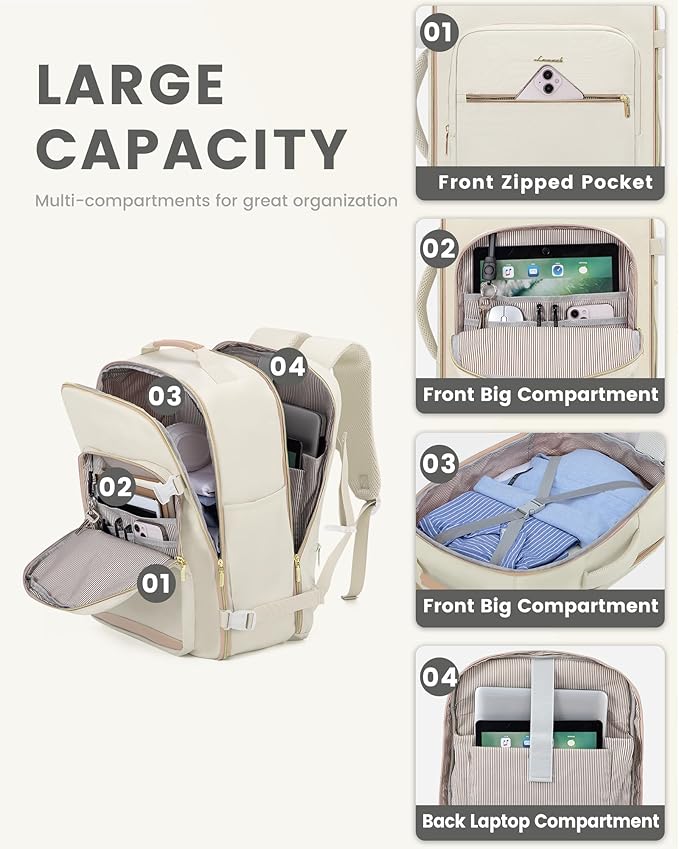 LOVEVOOK Travel Backpack for Women & Men 40L,Airline Approved Carry On Backpack Travel Essential,TSA Carry on Luggage,Waterproof Personal Item Travel Bag,Suitcase with 3 Packing Cube,Beige-Flesh beige