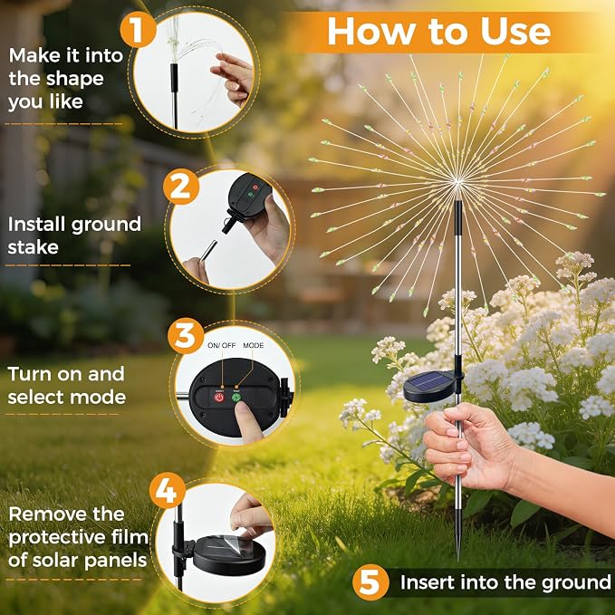 btfarm 10 Pack Solar Garden Lights Outdoor, 8 Modes Firework Lights Outside | 120LED, Waterproof Fairy Twinkle Light Solar Powered for Yard Christmas Pathway Lawn Pool Patio Decorative, Warm White