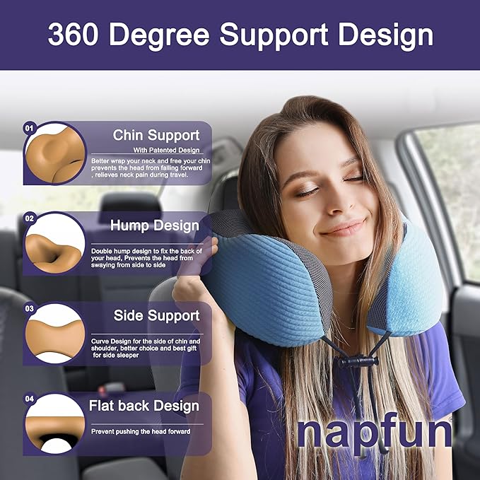 napfun Neck Pillow for Travel with Travel Pouch, Sleep Mask & Earplugs, Memory Foam Airplane Pillow for Headrest Sleep with Eyeshades, Plane Essentials with Eye Blindfold, Sky Blue Striped Kit