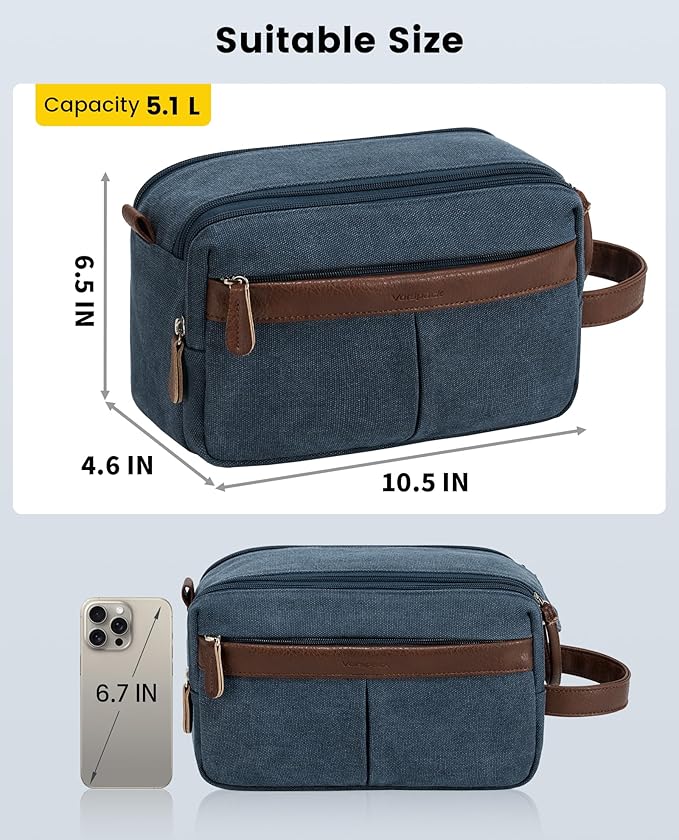 Vorspack Canvas Toiletry Bag for Men - Water Resistant Travel Bag for Toiletries, Bathroom Essentials, Accessories - Navy Blue