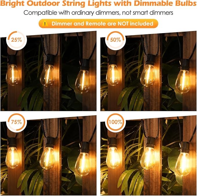 96FT LED Outdoor String Lights, 30+2 S14 Edison Bulbs, Black | Waterproof, Shatterproof, Connectable, Energy-saving, Plug in, Dimmable, Hanging Lamp for Backyard Patio Garden Decor