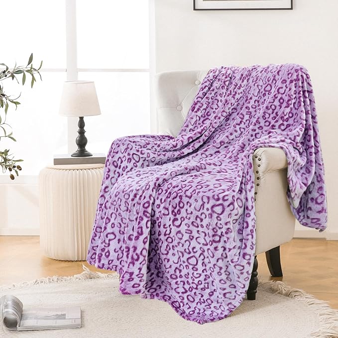 Bnuitland Purple Leopard Print Flannel Throw Blanket, 300 GSM Double Sided Fuzzy Fluffy for Bed Sofa Couch Travel, Super Soft Lightweight Cheetah Print Blanket for Adultsa and Kids, 50×60 inch