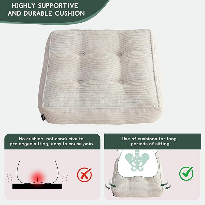 HIGOGOGO Tufted Corduroy Recliner Seat Cushion for Elderly, 20x20x6 Inch Extra Large Square Seat Cushion for Recliner Chair, Floor Pillow, Office Chair, Car, No Pressure on Thighs, Beige