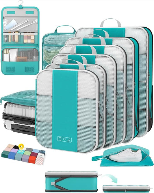10 Set Compression Packing Cubes for Travel Essentials,Compressible Expandable Packing Cubes for Suitcase,OlarHike Luggage Organizer Bags for Travel,Handy Helper for Organizing Clothes(Blue Green)