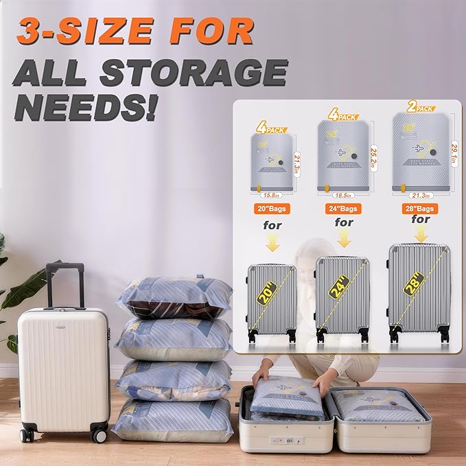 10-Pack Vacuum Bags for Travel with Wireless Rechargeable Pump, Carry-on Size Compression Packing Bags for Luggage & Suitcase, Space Saver for Clothes & Clothing, 10 Combo Travel Size, Fast 3S Vacuum