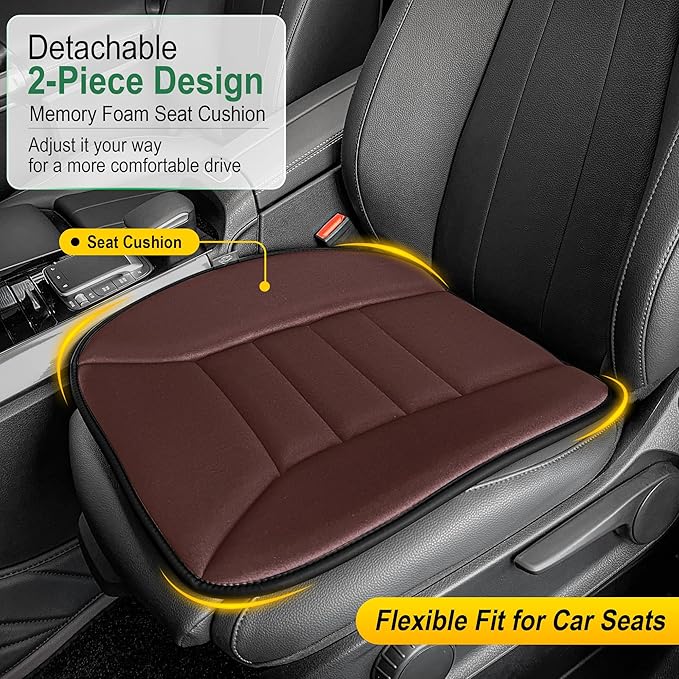 kingphenix 3-Piece Car Seat Cushion Set, 1.2inch Memory Foam Comfort, 2 Front Automotive Seat Cushions + Rear Bench Cushion, Non-Slip Bottom, Fits Sedan SUV Truck Van, Car & Office Chair, Brown