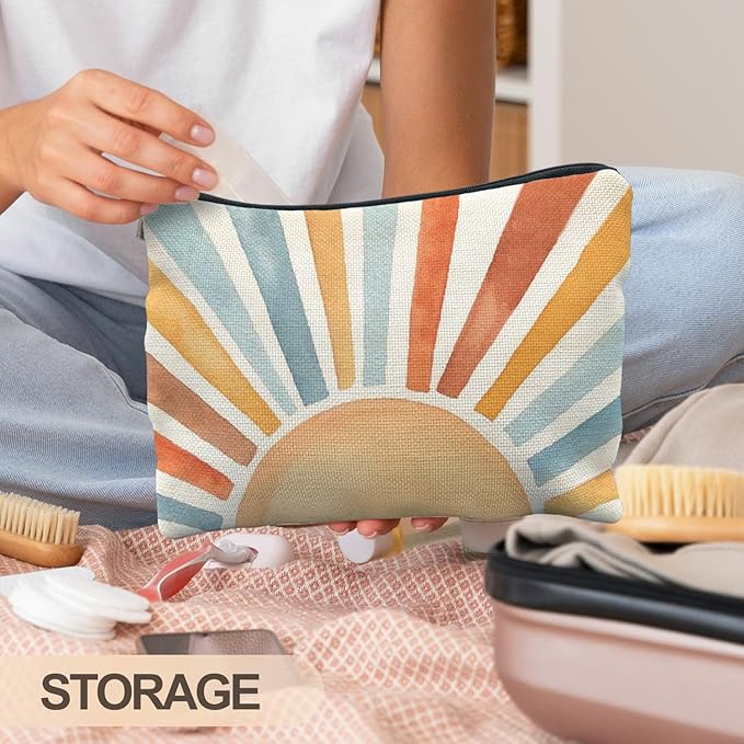 Vintage Boho Colorful Sun Sunrise Sunset Makeup Bag, Sunshine Gifts Cosmetic Bags for Women, Boho Gifts for Women, Retro Mid Century Modern Art Zipper Makeup Pouch