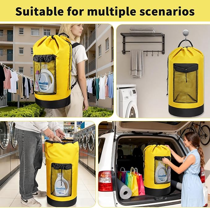 150L Laundry Bag Backpack with 3 Sizes Mesh Wash Bags and Shoulder Straps Foldable Clothes Hamper Bag with Drawstring Closure for College, Apartment, Laundromat (Yellow)