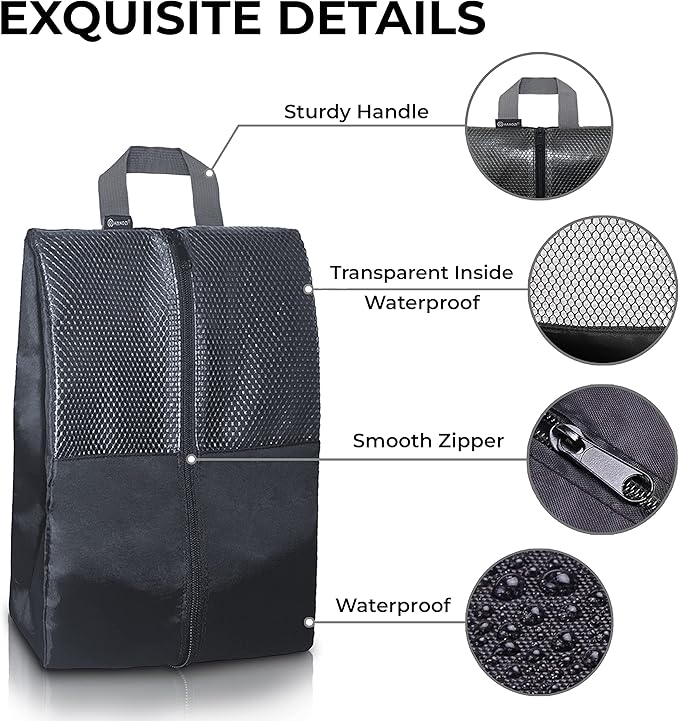 Shoe Bags For Travel, Used As For Storage or Shoe Travel Bag, Space Saving When Travelling With This Travel Shoe Bags For Packing, Featuring Waterproof Nylon Sneaker Bag (Black, 2 Pack, Medium)