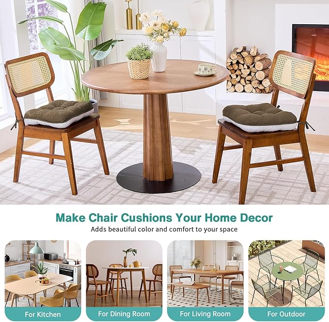 BETU Chair Cushions for Dining Chairs Set of 2,3.5" Thick Kitchen Table Chair Pads with Ties,Non Slip Backing and Covers, Seat Cushion for Dining Room,Bar,Patio Chairs,16"X16"X3.5",Brown