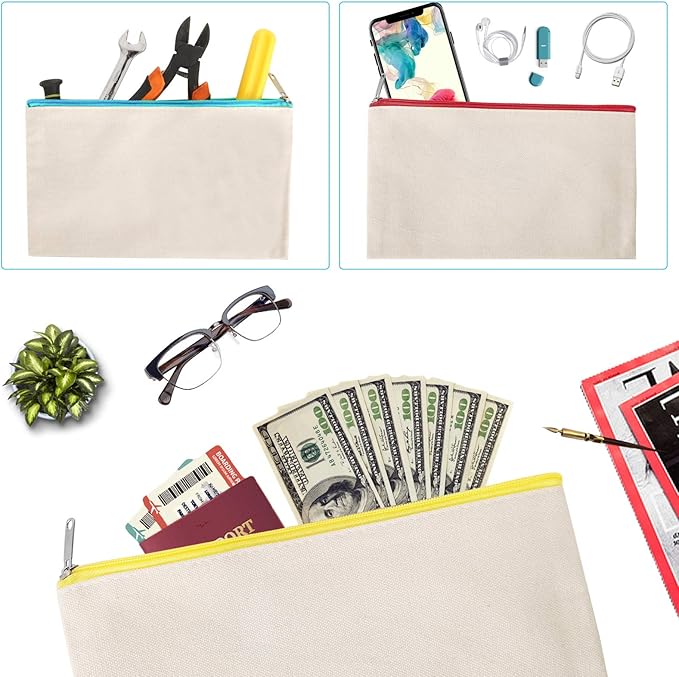 12 Pieces Cotton Canvas Makeup Bag, Multipurpose Cosmetic Bag with Zipper Travel Toiletry Pouch, Blank DIY Craft Bag (Beige, S)