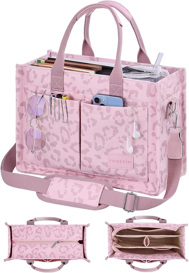 FIORETTO Canvas Tote Bag for Women with Zipper Closure & Individual Compartments for Work College for Teacher & Nurse