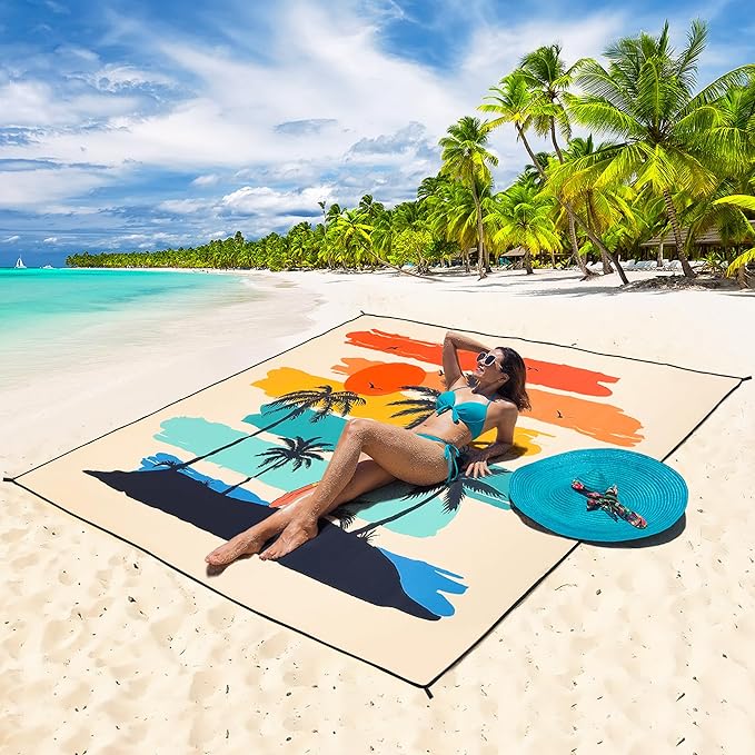 HIHOHO Beach Blanket Waterproof Sandproof Beach Mat 79”x 83” for 1-8 Adults Quick Drying Durable Outdoor Picnic Mat for Beach Festival Travel Camping Hiking (Rainbow Cocotree-YL, 79"×83"(4 Person))