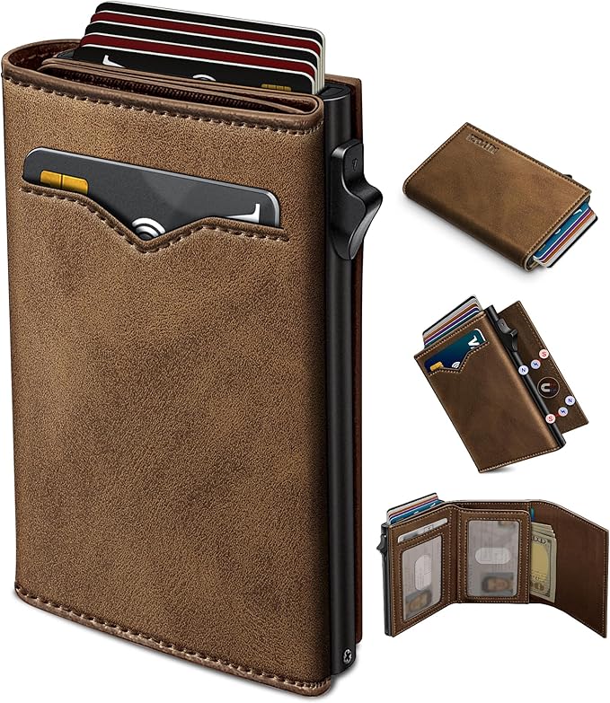 miyozi Wallet for Men,with Cash Pocket 2 ID Window 9-13 Cards,Metal Case Smart Slim Pop Up Credit Card Holder Flip with Magnetic Closure RFID Blocking Trifold wallet with Gift Box