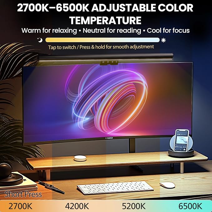 Monitor Light Bar 19.7", No-Glare Asymmetric Desk Screen Lamp | Auto-Dimming USB Reading Lamps, CRI Ra97, 2700K-6500K & Stepless Dimming, Touch Control, 5V/2A Adapter for Home Office