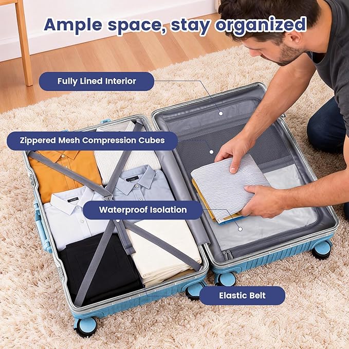 20 Inch Carry On Suitcase, Aluminum Frame Zipperless Hard Shell Luggage with Spinner Wheels, TSA Lock, USB Charging Port, Phone Holder, Cup Holder for Business Travel and Trips, Blue