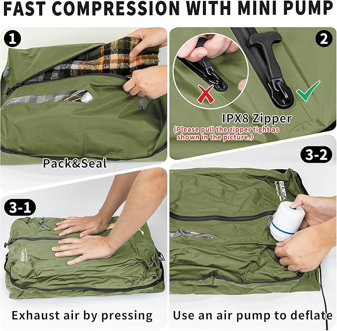 Reusable Vacuum Bags for Travel With Pump,Professional Waterproof IPX8 Vacuum Compression Bag for Suitcases Backpack,Space Saver Bags Packing Organizers for Clothing Packing（2 Pack,Green)