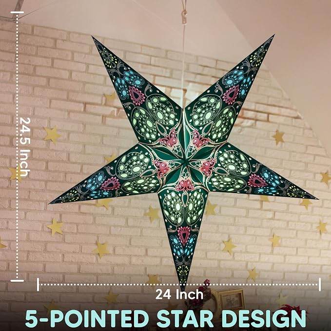 GalaxyArts Paper Star Lantern, Turquoise Maharani 24 Inch 3D 5-Pointed Light-Up Hanging Lamp, Handcrafted Hollow Home Décor for Christmas, Weddings, Holidays, Birthday, Indoor Outdoor Parties
