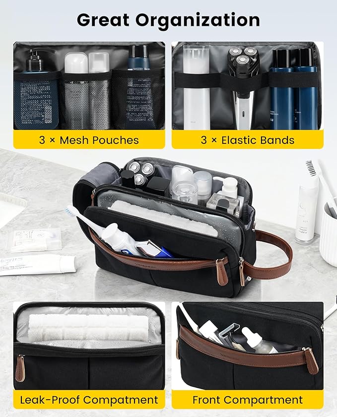 Vorspack Canvas Toiletry Bag for Men - Water Resistant Travel Bag for Toiletries, Bathroom Essentials, Accessories - Black