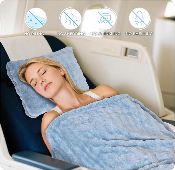 Travel Blanket and Pillow-2-in-1, Ultra-Soft&Compact, Airplane Blanket with Hand Luggage Belt and Backpack Clip,Travelers Accessories Gifts, 61x43 Inches（Blue）