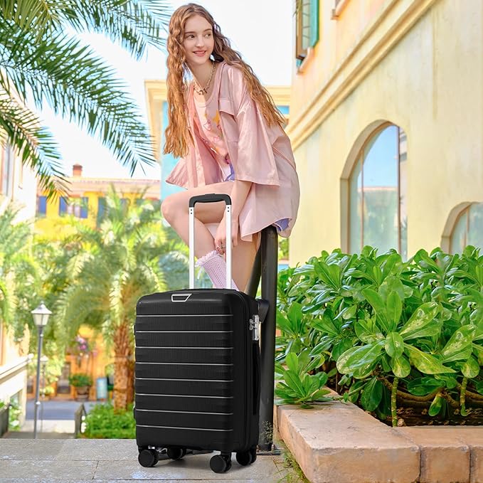 LARVENDER Carry On Luggage 22x14x9 Airline Approved, 20 Inch Hardshell & Lightweight PP Travel Carry On Suitcase for Women with Spinner Wheels TSA Lock, Black