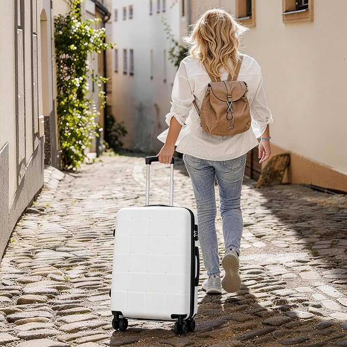Merax Luggage Sets 5 Piece, Hardside 20" Half-opening Carry On Suitcase Set with USB Port,Lightweight Travel 24" 28" Luggage with Bags TSA Locks Double Spinner Wheels,White