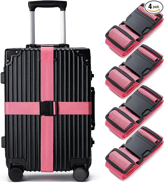 Luggage Straps for Suitcases 4 Pack, TSA Approved Travel Essentials, Luggage Strap for Travel Suitcase & Bag Closure and for Easy Identification, Travel Accessories for Safety & Convenience (Rose Red)