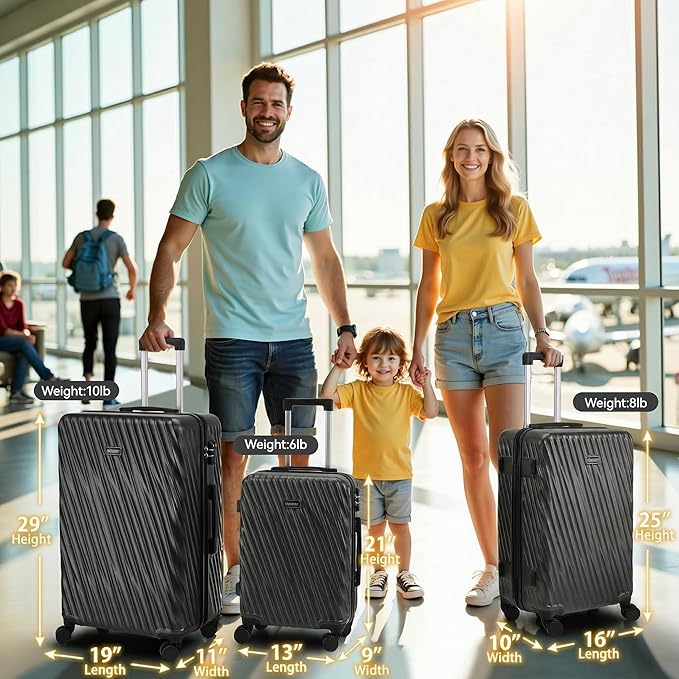 Hoteel Luggage Sets 3 Piece Hardside, 4-Year Warranty, Luggage Set with Spinner Wheels, TSA Lock, Wet/Dry Separation Compartment, Lightweight Carry on Luggage, 20"/24"/28" Suitcase, Black